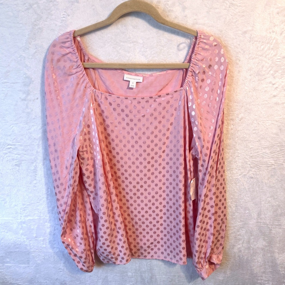 Charter Club‎ Pink Polka Dot Square Neck Puff Sleeve Blouse Top XL NEW